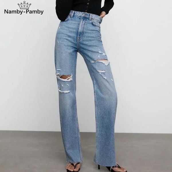 women's jeans 2021 women stretch straight ripped washed full length high waist denim pants pocket vintage loose hole trousers, Blue